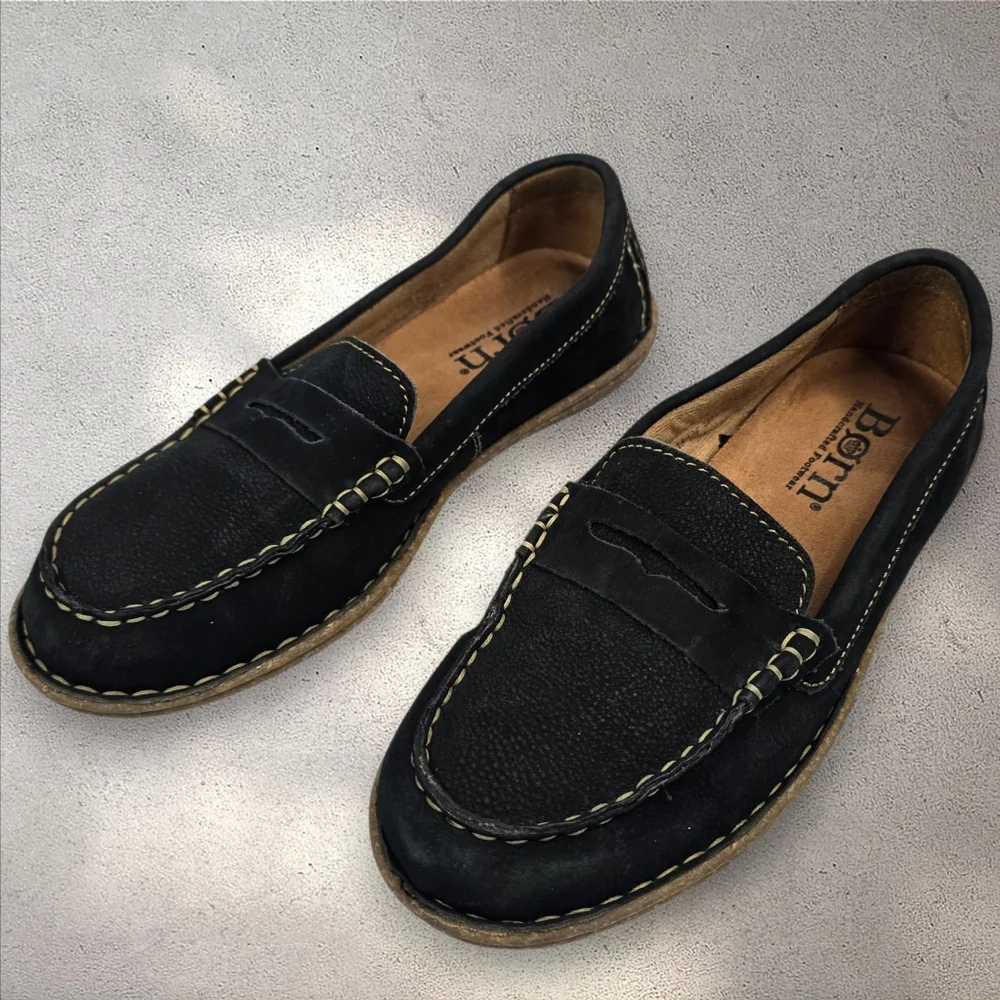 Born Nernia Black Nubuck Leather Penny Loafers Slip‎ On Shoes